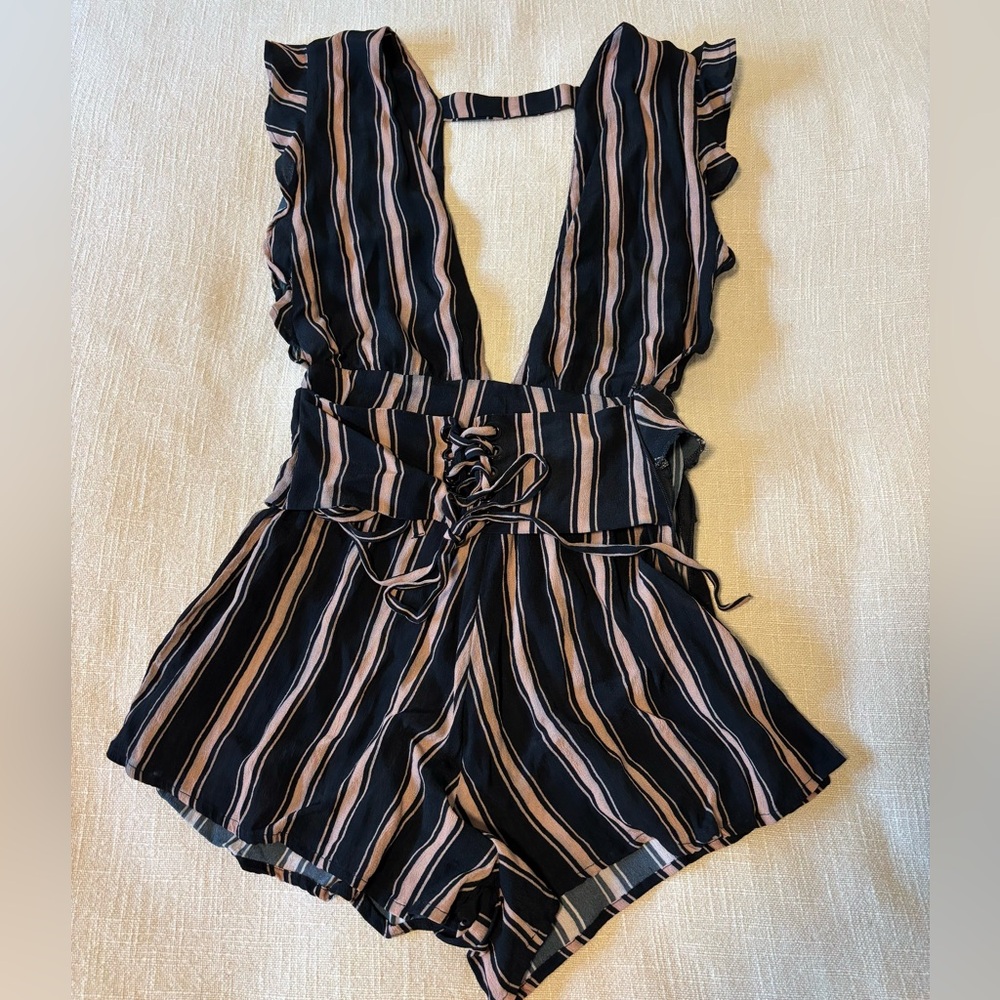 Beach Riot Striped Black and Tan Romper in Size M, 100% Viscose.